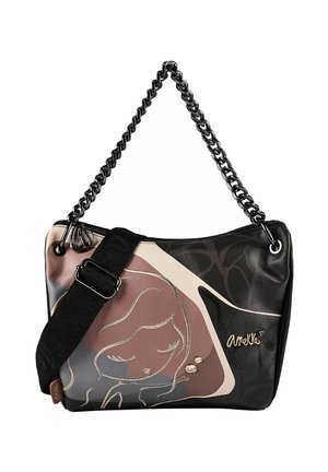 Schwarze und pastellfarbene Schultertasche mit Kettenhenkel, verstellbarem Riemen und einer minimalistischen Gesichtsskizze auf der Vorderseite mit dem Markennamen Anekke.