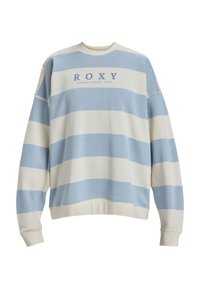 Blauwe en crèmekleurige gestreepte sweatshirt met een ronde hals, met de tekst "ROXY" en "ESTABLISHED 1990" in het blauw. Zachte stof, relaxed fit.