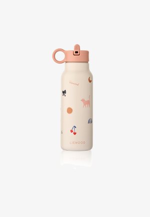Botella de agua de acero inoxidable con un acabado mate crema, tapa rosa y diversas ilustraciones coloridas y juguetonas de un gato, un sol y cerezas.