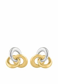Zlati in srebrni uhani z dvojno zanko, ki prikazujeta prepletene krožne oblike, gladko površino in poliran sijaj.