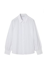 Chemise blanche à manches longues avec un col classique, dotée d'une patte de boutonnage et de détails texturés sur les manches. Fabriquée en tissu de coton lisse.