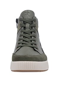 Green high-top sneaker featuring suede and leather materials, round toe, textured sole, and contrasting stitching details. Zipper on side.
