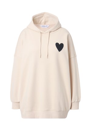 Hoodie beige en tissu doux. Présente un graphique de cœur noir sur la poitrine gauche, une capuche ajustable avec cordon de serrage, et des poignets côtelés.