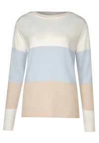 Lätt, långärmad tröja i krämfärgade, ljusblå och beige ränder. Slät текстur med rundad halsringning och ribbade detaljer vid ärmsluten.