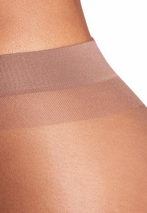 Transparente Strumpfhose in einem hellbraunen Farbton mit einem strukturierten, beigen Bund. Der Stoff wirkt glatt und leicht glänzend mit nahtlosem Design.