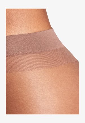 Transparente Strumpfhose in einem hellbraunen Farbton mit einem strukturierten, beigen Bund. Der Stoff wirkt glatt und leicht glänzend mit nahtlosem Design.