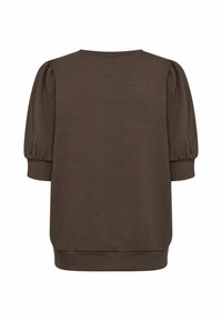 Brun pullover med korte puffærmer, rund halsudskæring og afslappet pasform. Blød tekstur og glat overflade med en kant ved livet.