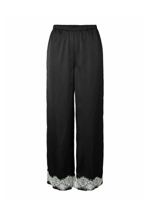 Sorte vidde bukser med elastisk linning og hvid blonderkant ved kanten, vist mod en hvid baggrund.