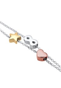 Silberne Kettenarmband mit einem goldenen Stern, einem roségoldenen Herzen und silbernen Unendlichkeitsschmuckstücken, mit polierten Oberflächen und glatten Kanten.