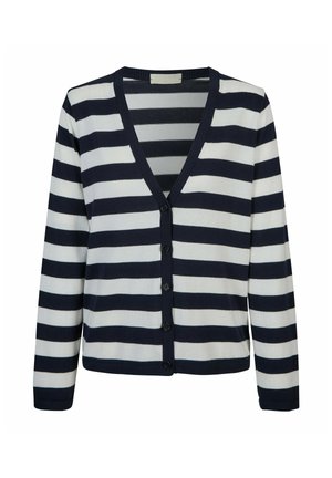 Marineblauwe en witte horizontale gestreepte cardigan met V-hals en vijf zwarte knopen aan de voorkant, lange mouwen.