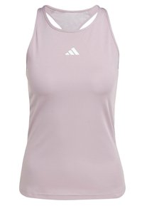 Top da palestra atletico rosa chiaro realizzato in tessuto liscio con design racerback; presenta un logo bianco Adidas sul davanti.