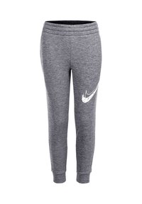 Grijze taps toelopende sweatpants met elastische tailleband en boorden, met een witte gestileerde swoosh-logo op de rechterdij.