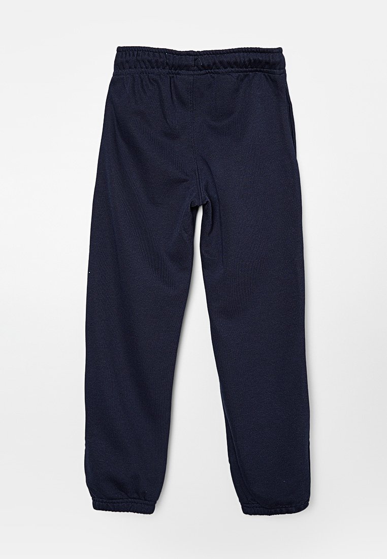 Pantalons de sport bleu marine en tissu texturé, avec une taille élastique et des ourlets resserrés pour un ajustement sûr. Aucune poche visible.
