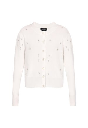 Fehér kardigán bordázott textúrával, apró ezüstgyöngyökkel díszítve. Kerek nyakkivágással és gombos záródással a fronton.