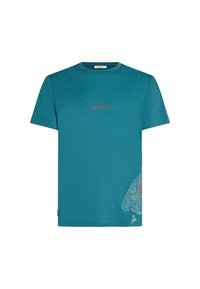 Teal lyhythihainen t-paita, jossa on pieni oranssi "icebreaker" -teksti rintapaneelissa ja valkoinen ja oranssi topografinen kuvio oikeassa alareunassa.