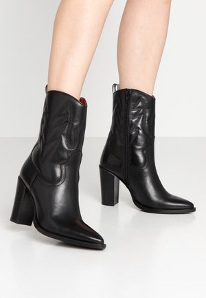 Black leather ankle boots with high block heels, pointed toes, side zipper, and decorative stitching worn on bare legs.