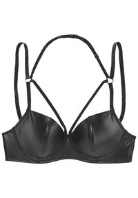 Schwarzer Leder-BH mit glatten Cups, verstellbaren Trägern und Nahtdetails. Minimalistisches Design mit strukturierter Form und glatter Textur.