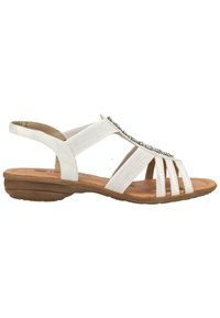 Sandale blanche avec des bandes élastiques, design à bout ouvert et semelle en caoutchouc plate. Présente des strass décoratifs sur le dessus.