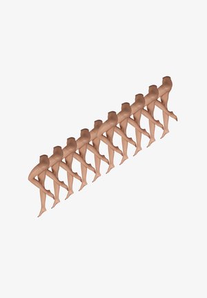 Tolv par gennemsigtige nude strømpebukser vist diagonalt i en række mod en hvid baggrund.