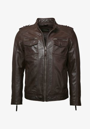Braune Lederjacke mit Stehkragen, zwei Brusttaschen mit Klappen und seitlichen Reißverschlusstaschen, detaillierter Ziernaht und Schulterklappen.