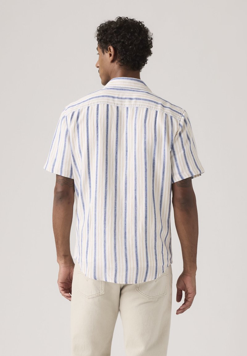 Mand iført en kortærmet, hvid skjorte med blå og beige lodrette striber, kombineret med lysebeige bukser, set bagfra mod en ensfarvet baggrund.