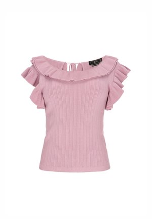 Világos rózsaszín bordás felső, fodros, vállat szabadon hagyó dekoltázzsal és rövid ujjakkal. Hátsó megkötő rész és testhezálló szabás jellemzi.