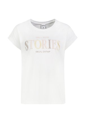 White short-sleeve T-shirt with "ONLY GOOD STORIES SBLVL CNTMP" printed in pastel colors on the front, size medium label inside collar.