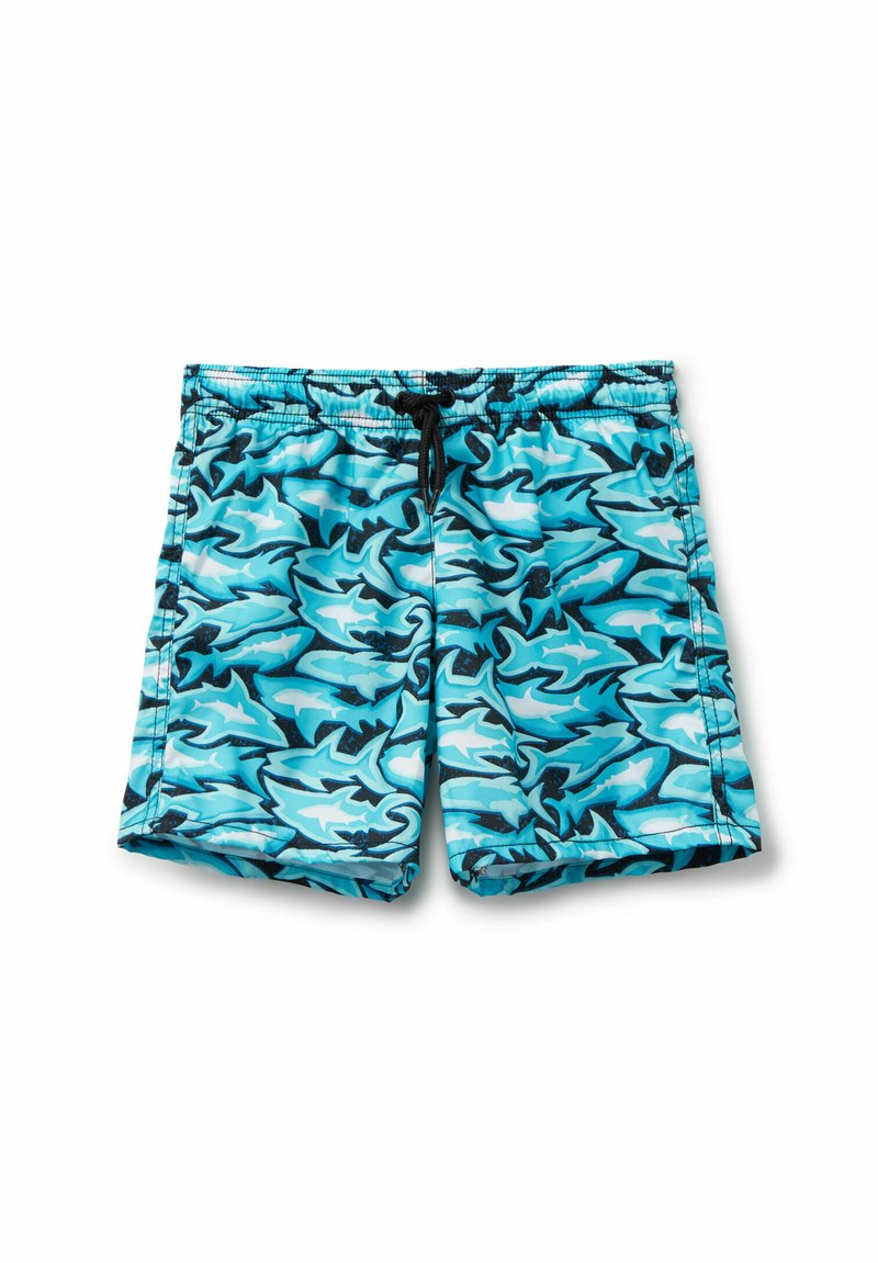 Swim shorts in a blue colorway featuring a shark pattern. Material is lightweight, with an elastic waistband and black drawstring.
