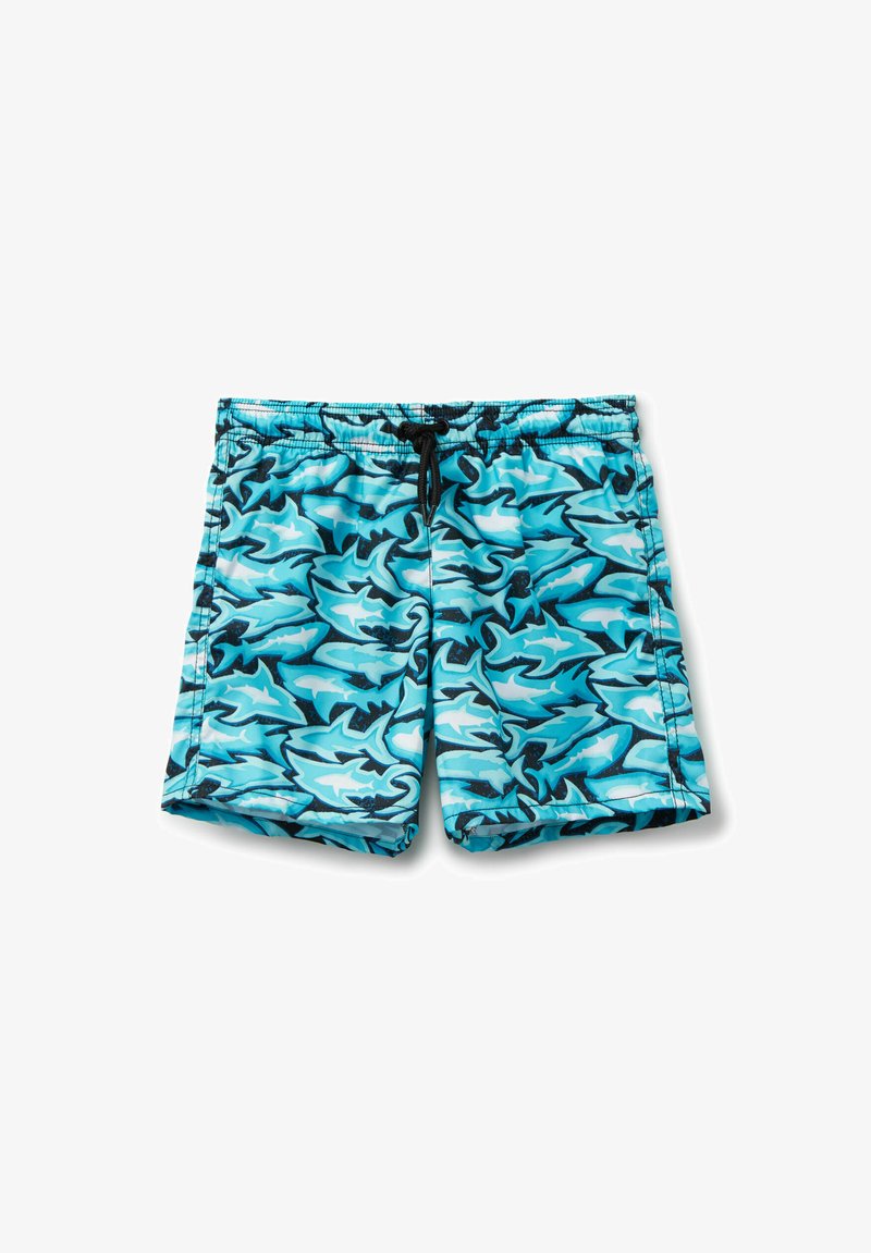 Swim shorts in a blue colorway featuring a shark pattern. Material is lightweight, with an elastic waistband and black drawstring.