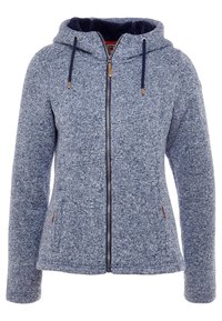 Veste sweat à capuche bleu-gris zippée avec poches avant et cordons sur la capuche, en tissu tricoté texturé.