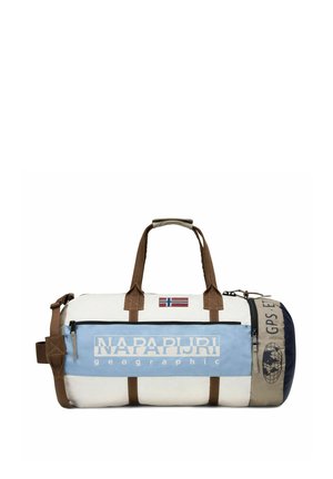 Borsa a tracolla con corpo bianco, sezione centrale blu e estremità blu scuro. Presenta spallacci marroni, una toppa con bandiera e testo stampato. Include una tasca con cerniera.