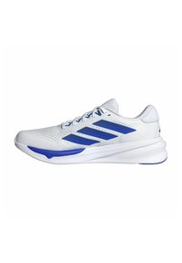 White athletic shoe with blue accents, featuring a textured upper, perforated design for breathability, and a cushioned sole.