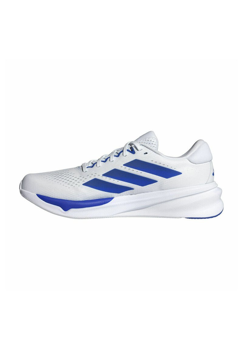 White athletic shoe with blue accents, featuring a textured upper, perforated design for breathability, and a cushioned sole.