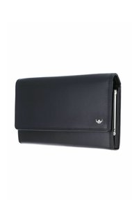 Portefeuille en cuir noir avec fermeture à rabat et petit logo argenté sur le devant, montrant un compartiment zippé sur le côté.