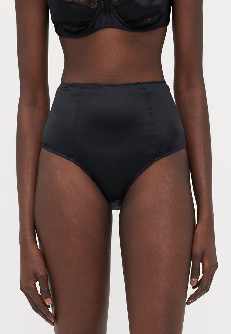Black high-waisted panties made from a smooth, satin-like material with a seamless design and subtle sheen on the surface.