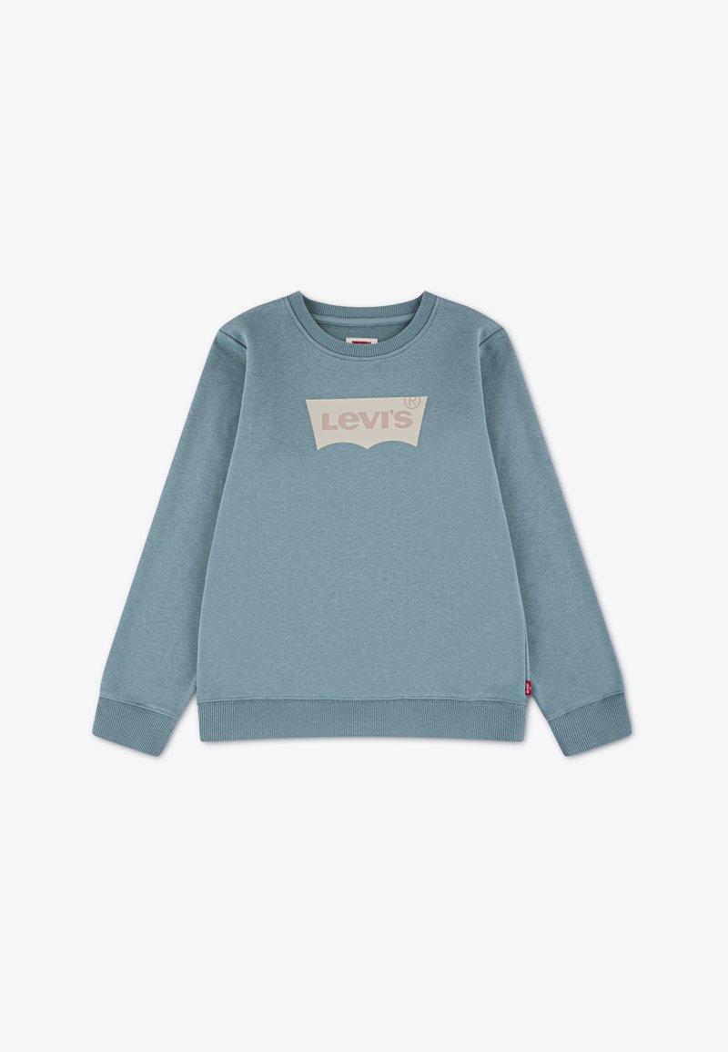 Sweatshirt bleu clair avec un logo Levi's crème centré, des poignets et un ourlet côtelés, et un col rond classique en tissu doux.
