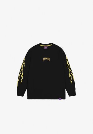 Black long-sleeve shirt featuring yellow lightning bolt designs on sleeves and "JACKER" text in yellow on the front; cotton material.