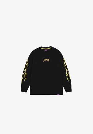 Camisola de manga longa preta com desenhos de relâmpagos amarelos nas mangas e texto "JACKER" em amarelo na frente; material de algodão.