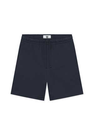 Pantaloni corti in cotone blu navy con vita elastica e coulisse regolabile, dotati di tasche laterali e orlo dritto.