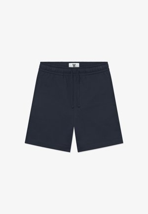 Pantaloni corti in cotone blu navy con vita elastica e coulisse regolabile, dotati di tasche laterali e orlo dritto.