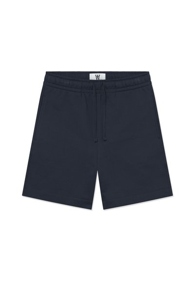 Shorts en coton bleu marine avec une taille élastique et un cordon de serrage ajustable, dotés de poches latérales et d'un ourlet droit.