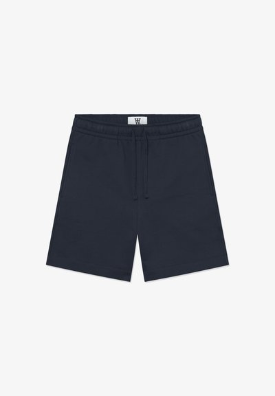 Shorts en coton bleu marine avec une taille élastique et un cordon de serrage ajustable, dotés de poches latérales et d'un ourlet droit.