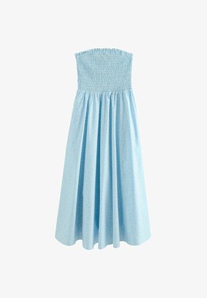 Rihmadeta helesinine maksikleit, millel on kortsudega ülakeha ja kergelt kogutud seelik, peene toon toonis lillemustriga.