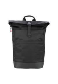 Zaino roll-top nero con tasca frontale, chiusura con fibbia, manico imbottito e logo "JOOP! JEANS" impresso sul fondo.