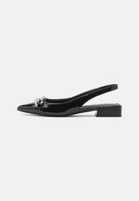 Black patent leather slingback shoes with a pointed toe, silver hardware detail, and a low block heel. Smooth, shiny texture throughout.