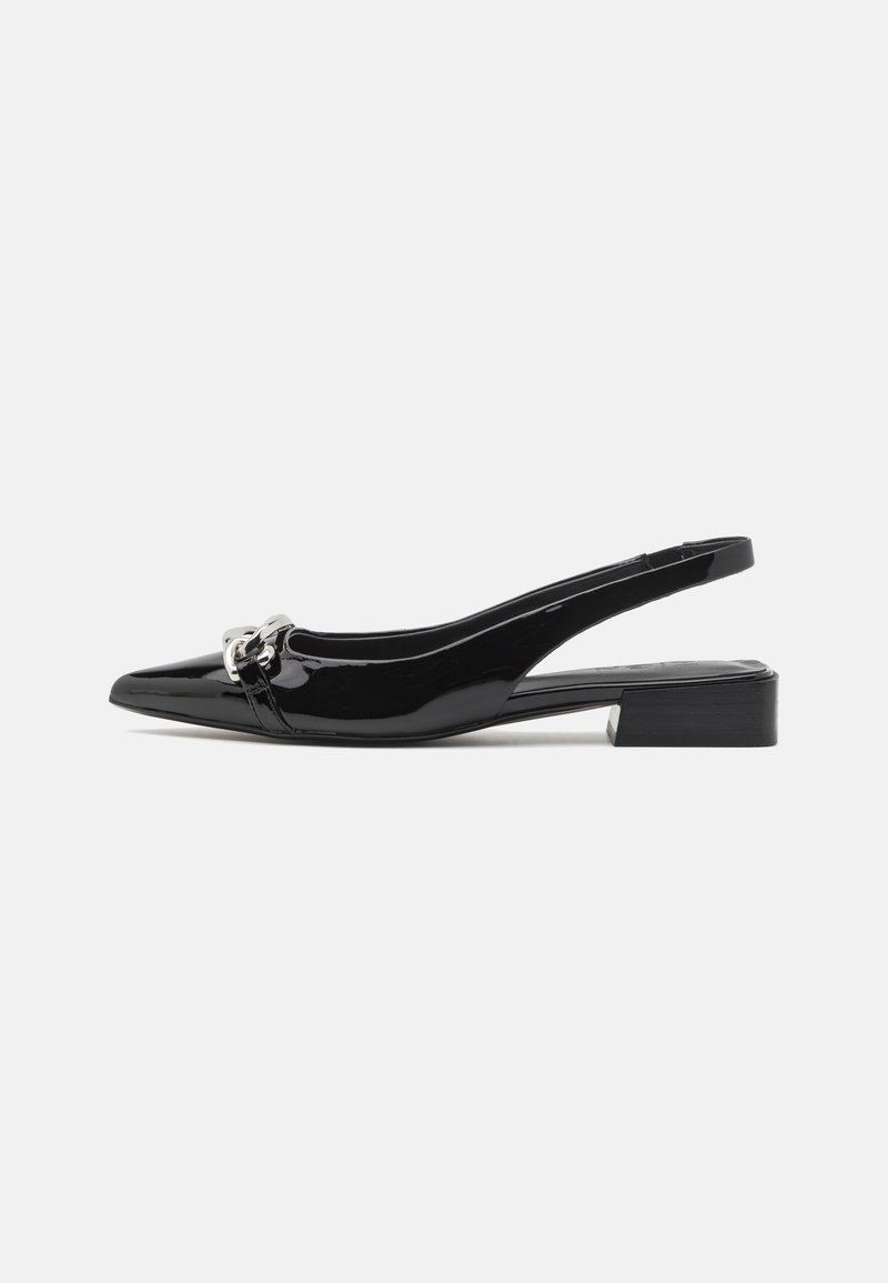 Black patent leather slingback shoes with a pointed toe, silver hardware detail, and a low block heel. Smooth, shiny texture throughout.