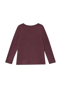 Einfärbiges, tiefviolettes Langarmhemd mit Rundhalsausschnitt, flach liegend und die Rückseite auf einem schlichten weißen Hintergrund zeigend.