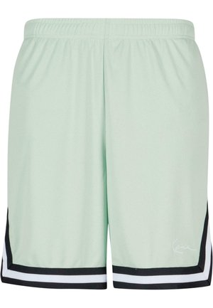 Pantalones cortos deportivos verde menta con un tejido de malla texturizada. Presenta acentos de rayas negras y blancas a lo largo del dobladillo y un logo distintivo cerca de la parte inferior.