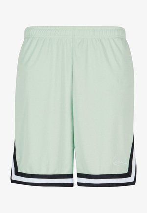 Menta zöld sport nadrág texturált hálós anyagból. Fekete és fehér csíkos részletekkel a szegély mentén, és egy jellegzetes logóval az alján.