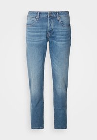 Lichtblauwe denim jeans, rechte pasvorm, vijf-pocket ontwerp, metalen knoopsluiting, subtiele vervaging en whiskering details, schone zoom.